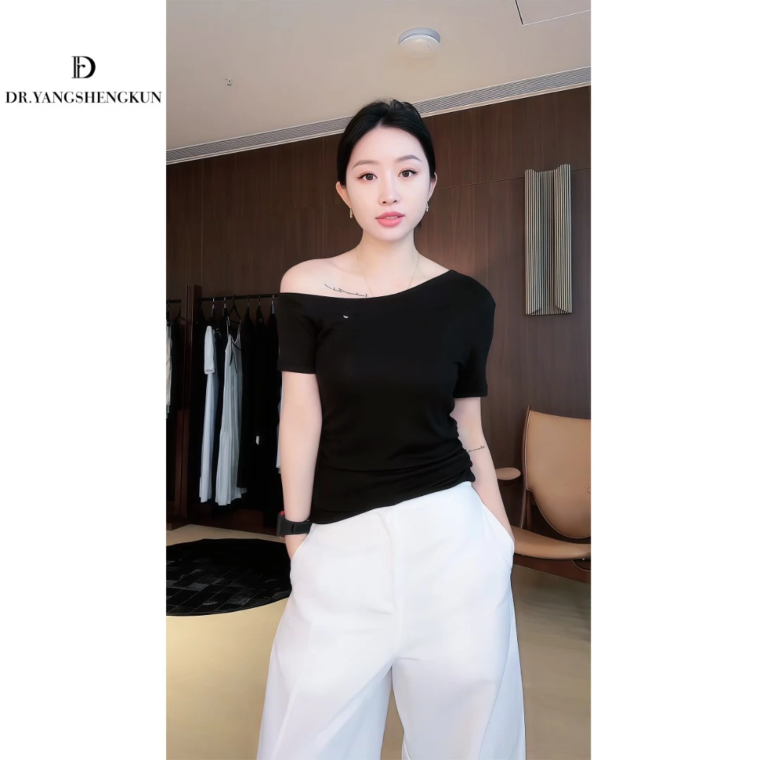 杨圣坤2025夏季女士时尚斜肩露肩显瘦气质短袖T恤L2552808