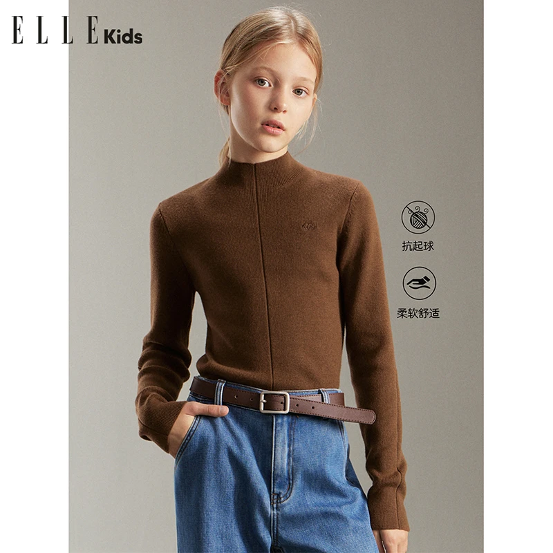 ELLEkids童装美拉德半高领刺绣针织衫女童冬季小个子修身打底衫D5