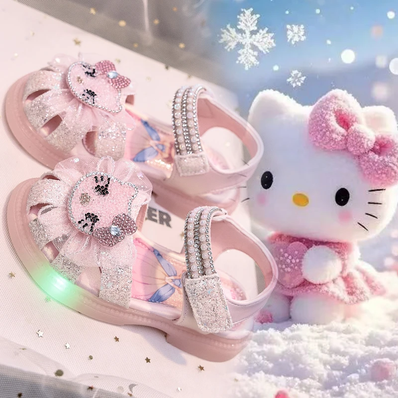 亮灯包头女童凉鞋2025夏季新款凯蒂猫公主鞋儿童发光鞋软底宝宝鞋