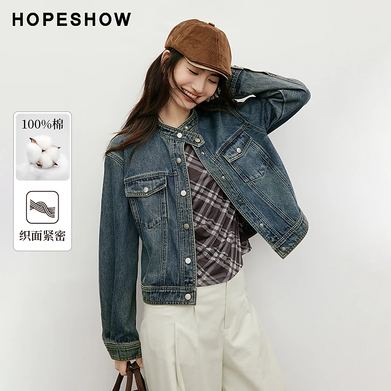 红袖2025秋新款女装100棉复古水洗做旧立领短牛仔外套90125280408