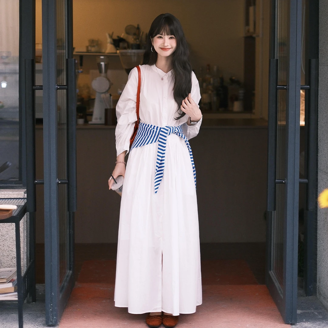 白色长袖衬衫连衣裙子女2025新款早秋气质高级感宽松显瘦长裙6328