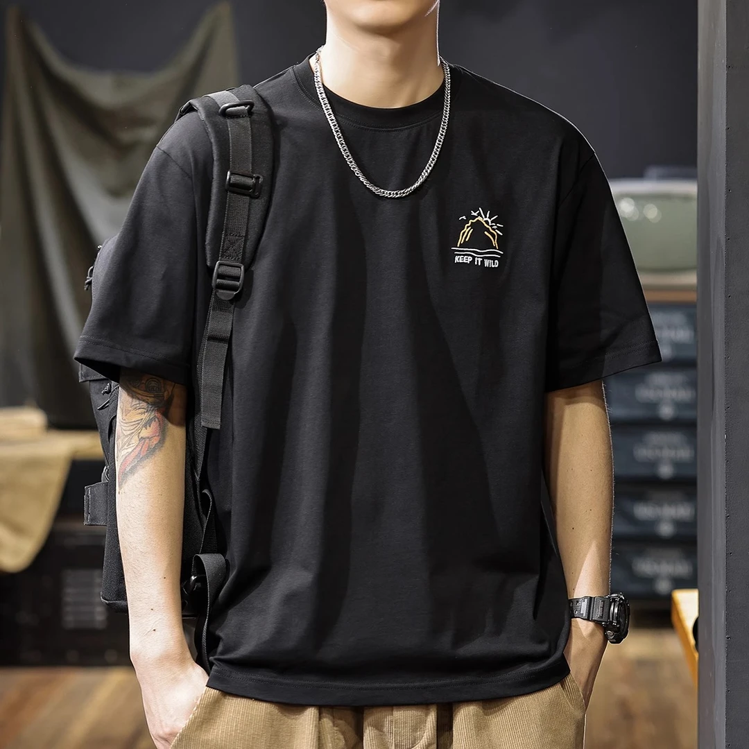 Cebrodz2025夏季新款重磅纯棉短袖T恤山系刺绣休闲百搭男士半袖衫