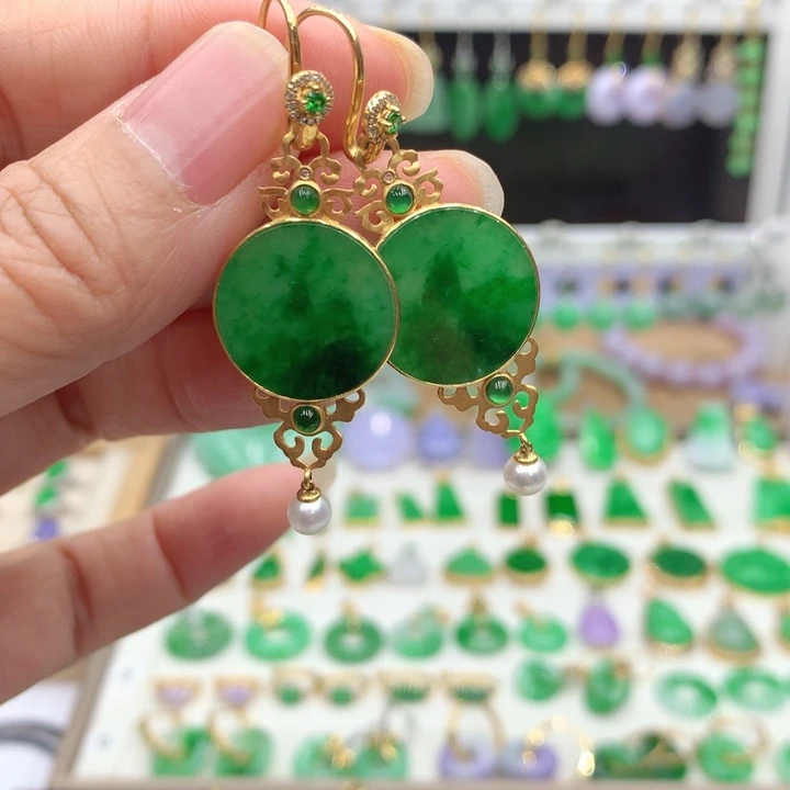 阿***L翡翠18K金镶嵌耳饰