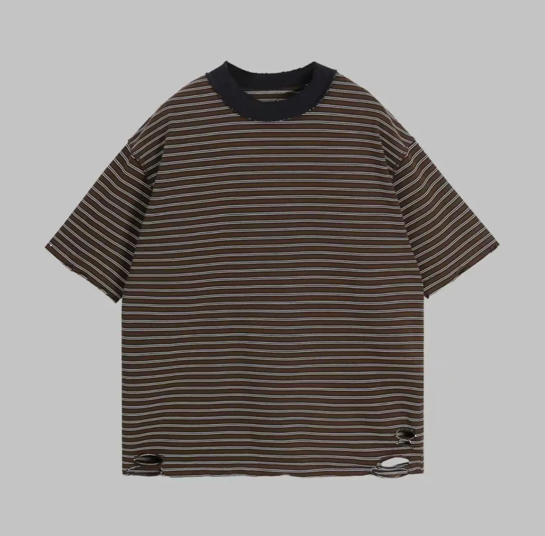 夏季美式复古宽松重磅破洞条纹情侣款T恤休闲纯棉ins风