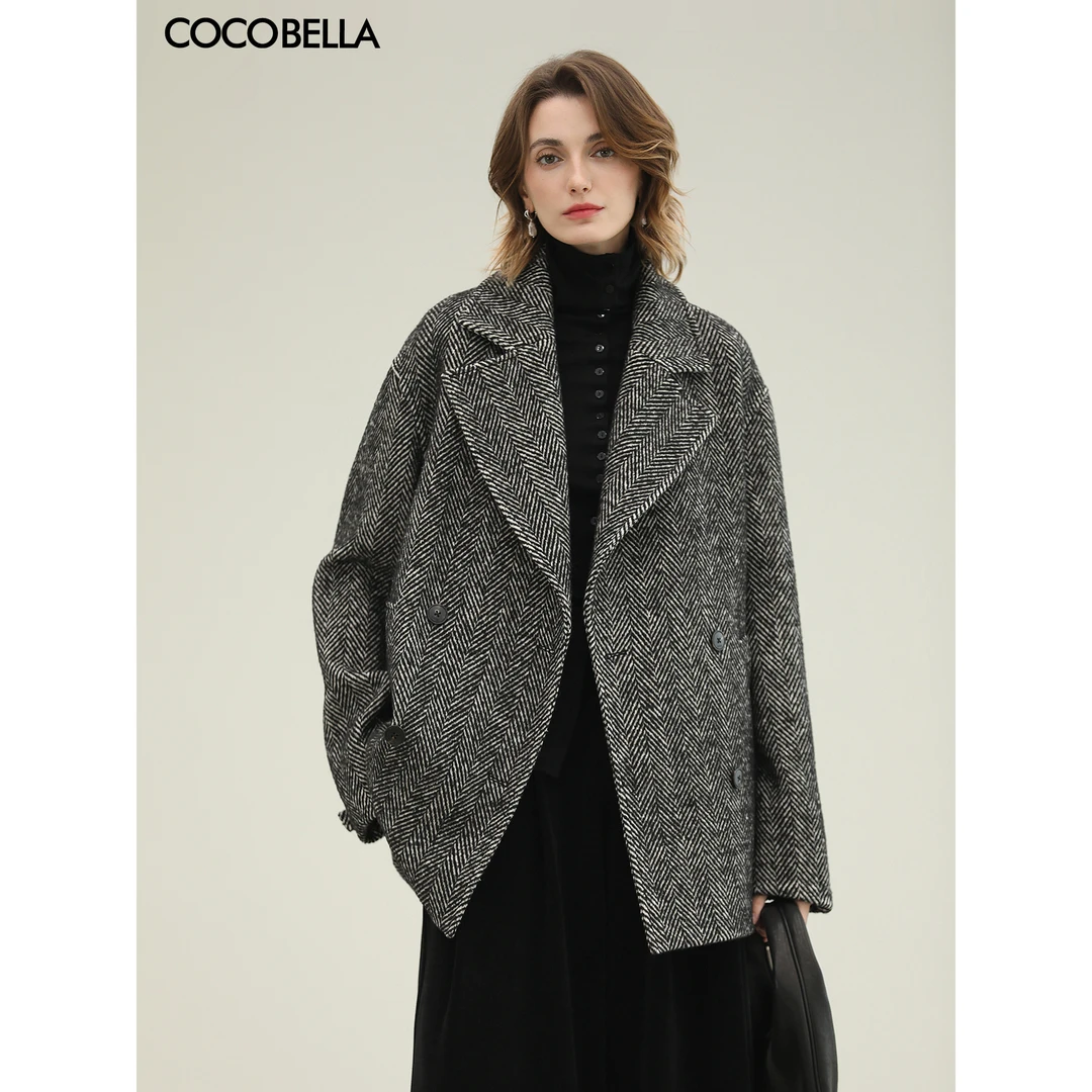COCOBELLA复古气质人字纹翻领大衣女英伦风冬毛呢外套WL3217