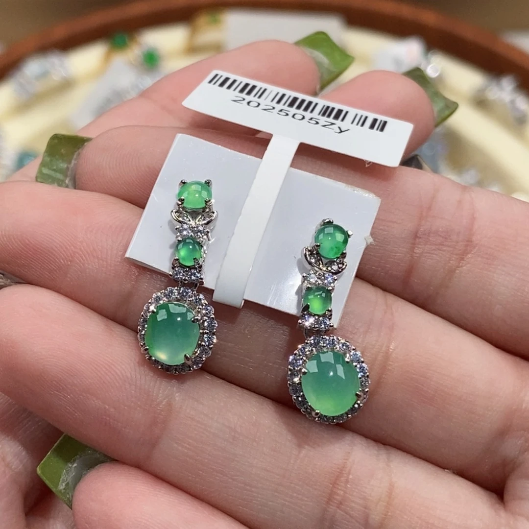 翡翠银S925镶嵌耳饰纯天然缅甸翡翠A货耳坠