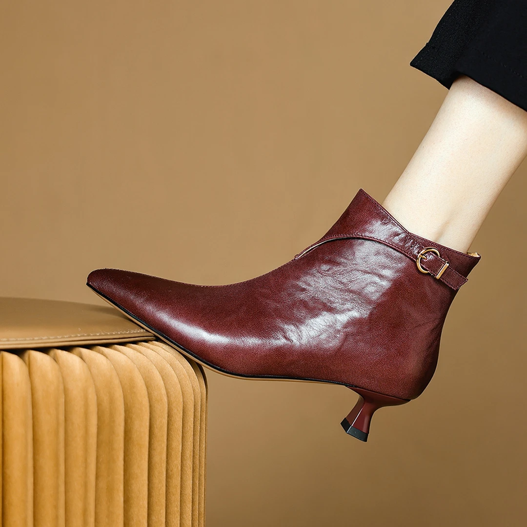 头层羊皮~时尚气质真皮尖头短靴女秋冬小猫跟及踝靴细跟瘦瘦靴子