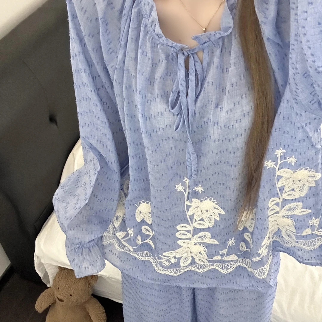 法式田园风甜美花卉棉纱睡衣女秋季长袖长裤可外穿家居服