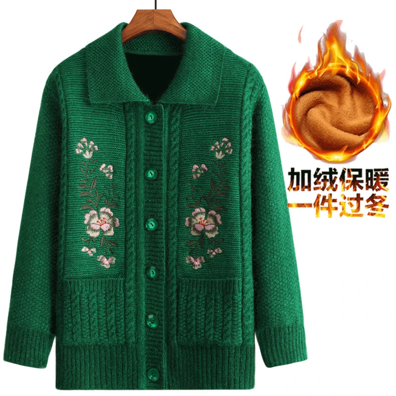 中老年人毛衣秋冬款刺绣针织开衫长袖上衣加绒加厚保暖外套大码装