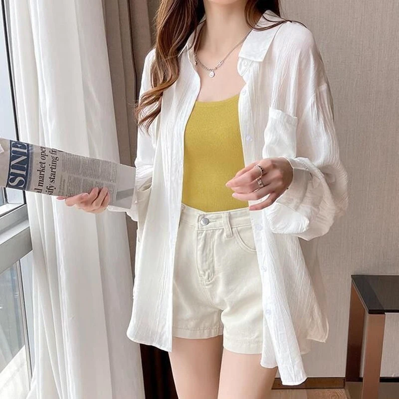 透气防晒冰丝白色衬衣女长袖夏季新款超仙百搭空调服开衫薄外套