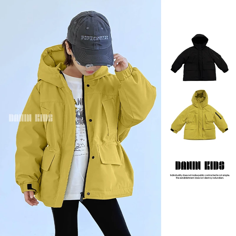 嗒囜【机能风潮】连帽不可拆羽绒服中长款男女童冬季外套袖臂口袋