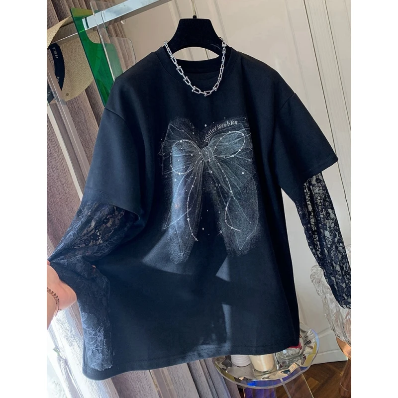 独特漂亮烫钻蝴蝶结蕾丝袖假两件短袖T恤打底衫宽松上衣2025春夏