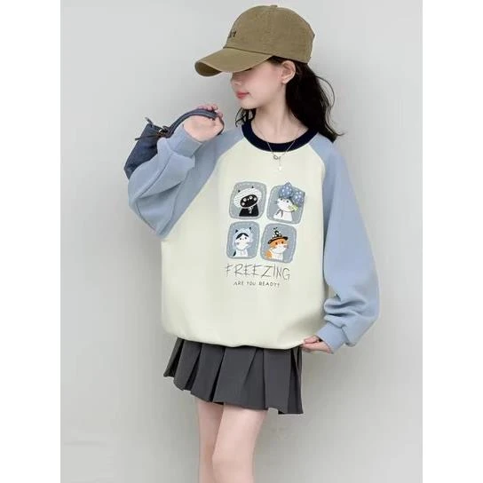 女童卫衣2025新甜美可爱四只小猫蝴蝶结卫衣女孩休闲拼色圆领卫衣