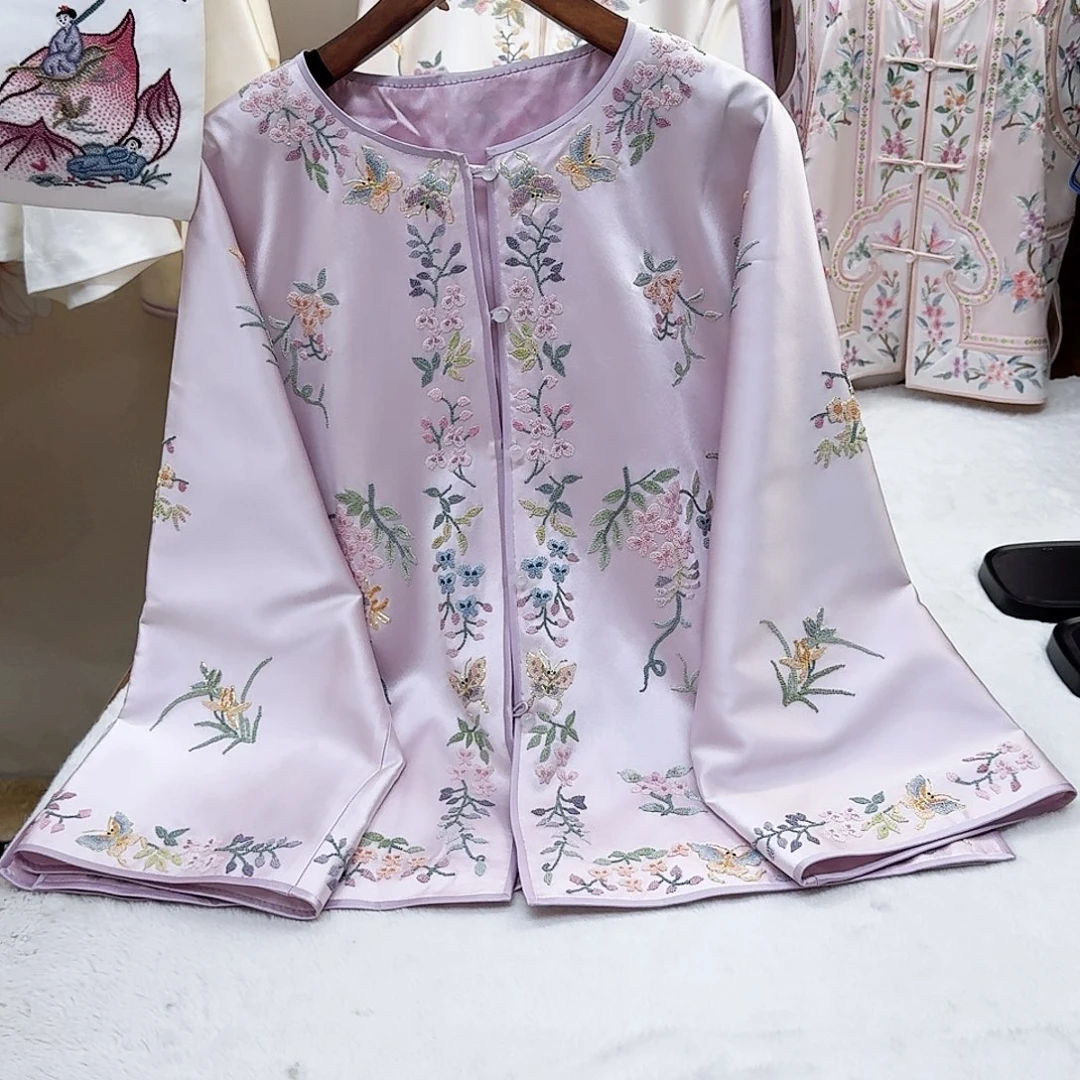 织绣真丝紫色 紫藤花太太服