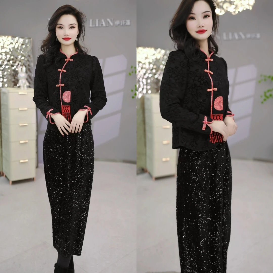 上衣+半身裙2025年春季新中式时尚洋气遮肉显瘦两件套连衣裙M-4XL