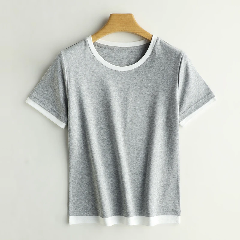25款女休闲圆领简约时尚修身假两件纯色半袖T恤880120