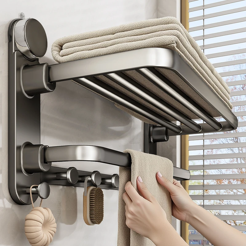 吸盘枪灰色可折叠浴巾架双层毛巾架洗澡间放衣服架子卫生间置物架