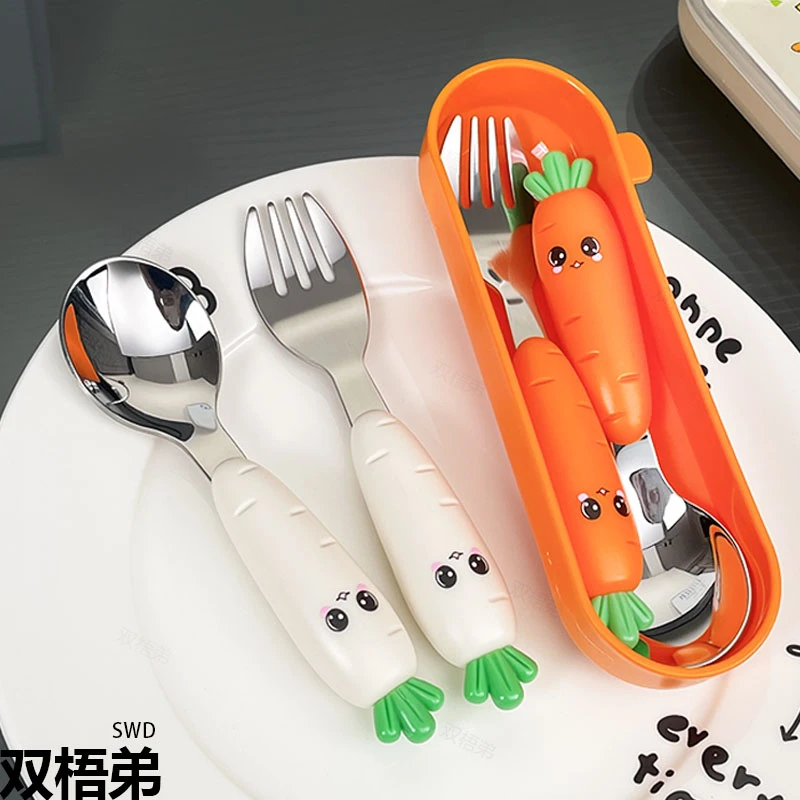双梧弟可爱卡通宝宝学吃饭专用不锈钢叉勺餐具儿童进食叉勺套装