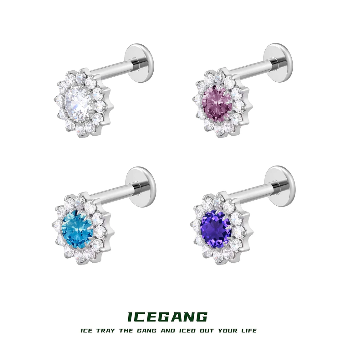 ICEGANG 钛合金合成锆石耳饰 F136钛合金太阳花耳钉穿刺内螺旋