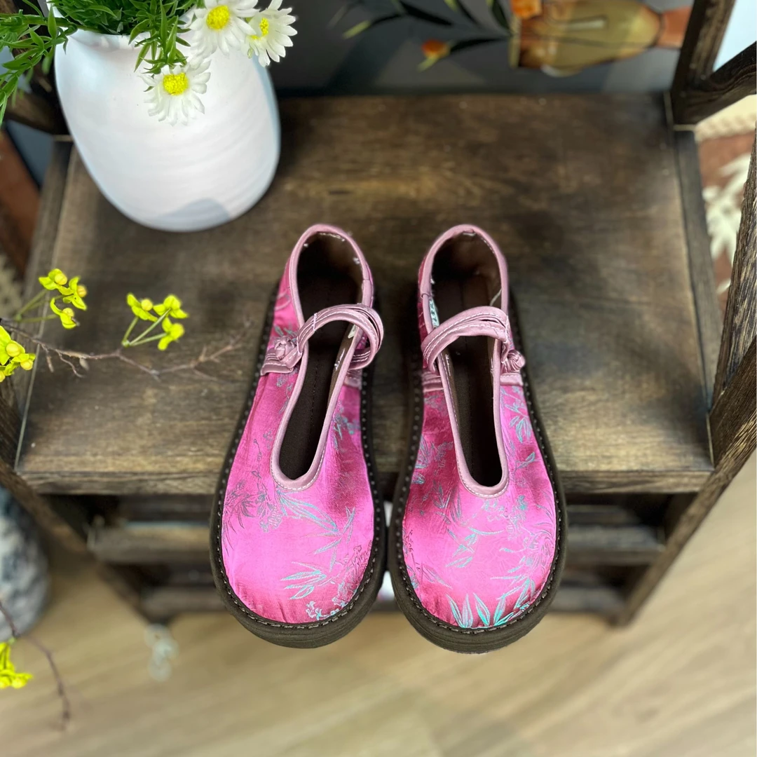 采棠风 2025秋上新（桃竹）新中式时尚圆头百搭中国风中跟手工布鞋