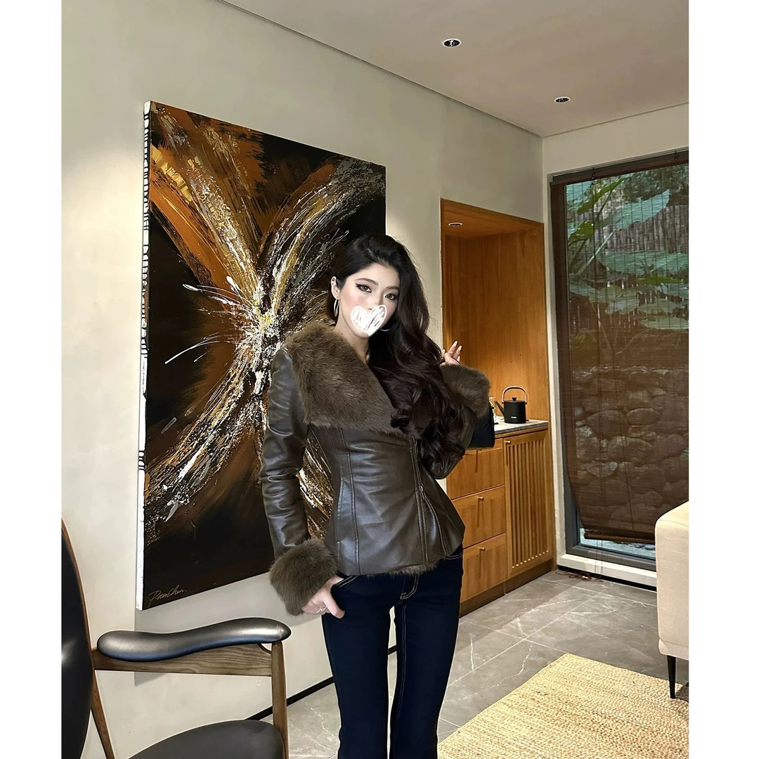 秋冬加厚PU皮衣短款夹克收腰短款显瘦毛毛外套女