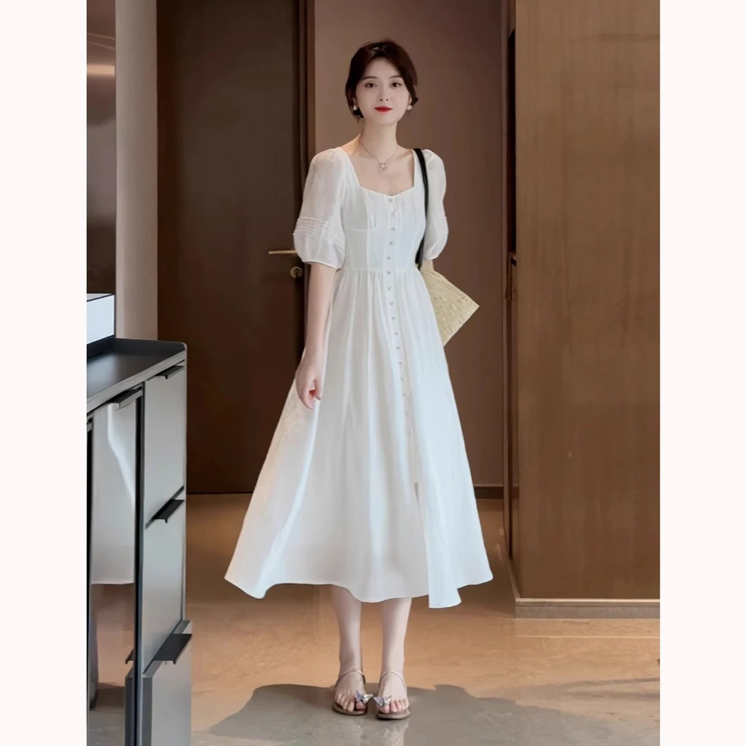 夏季微胖mm法式别致时尚减龄长裙微胖妹妹显瘦大码女装白色连衣裙