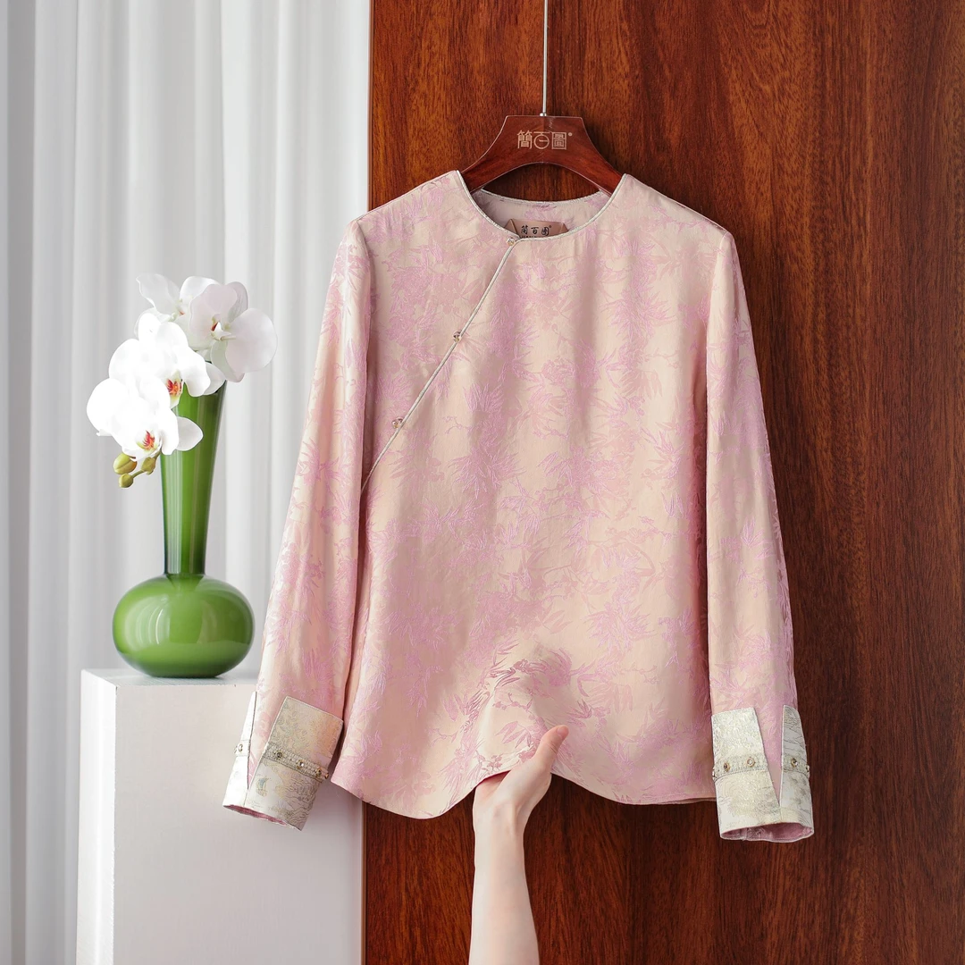 简百图-VV【竹礼】新中式特调特染樱花粉提花重工上衣气质百搭衬衫