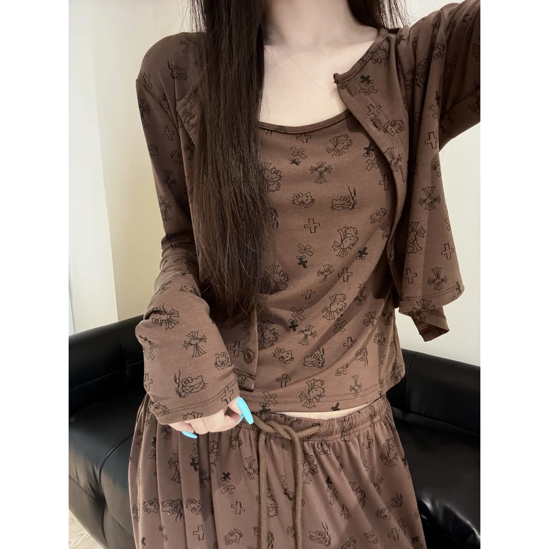 韩系甜美可爱kitty睡衣女春秋新款吊带长袖长裤家居服套装可外穿