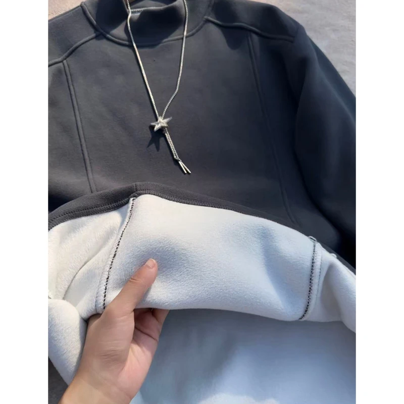 半高领纯色解构德绒打底衫男款秋冬美式复古宽松休闲长袖T恤内搭