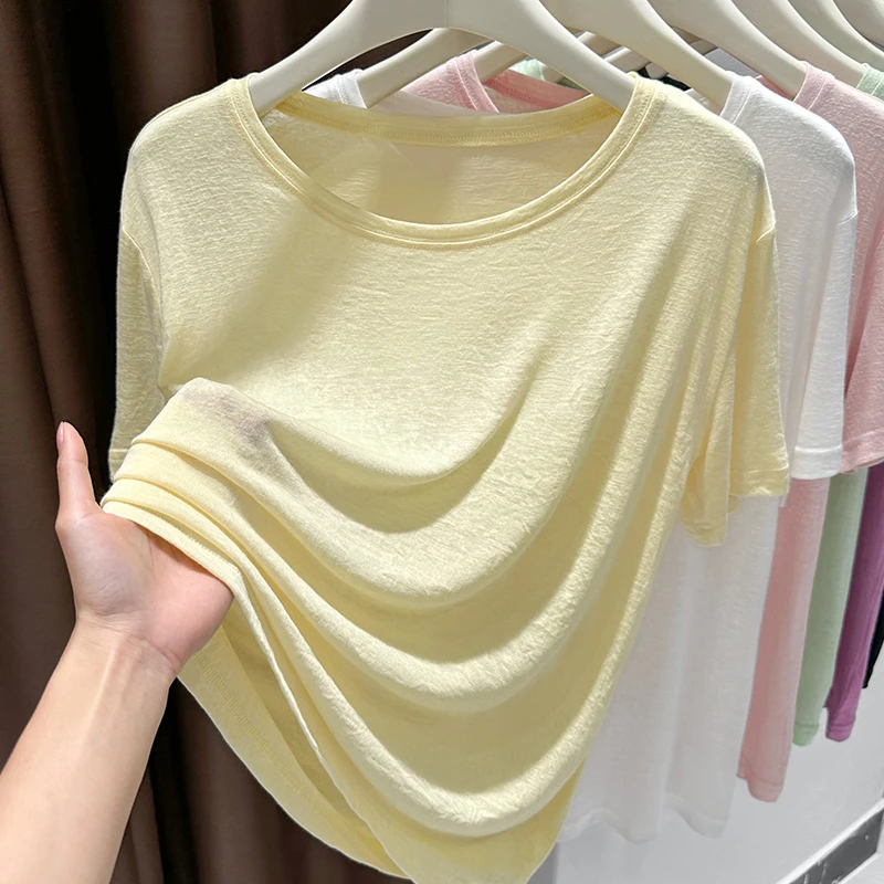 夏季短袖t恤女纯欲风性感透视冰丝内搭打底衫宽松正肩百搭上衣薄