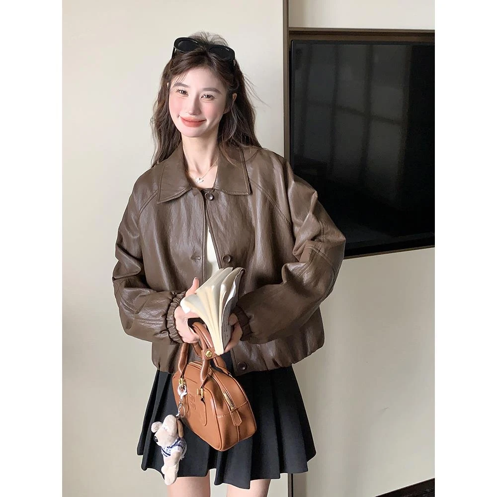 咖色美式复古pu皮衣外套女短款2025春季新款小个子机车风夹克上衣