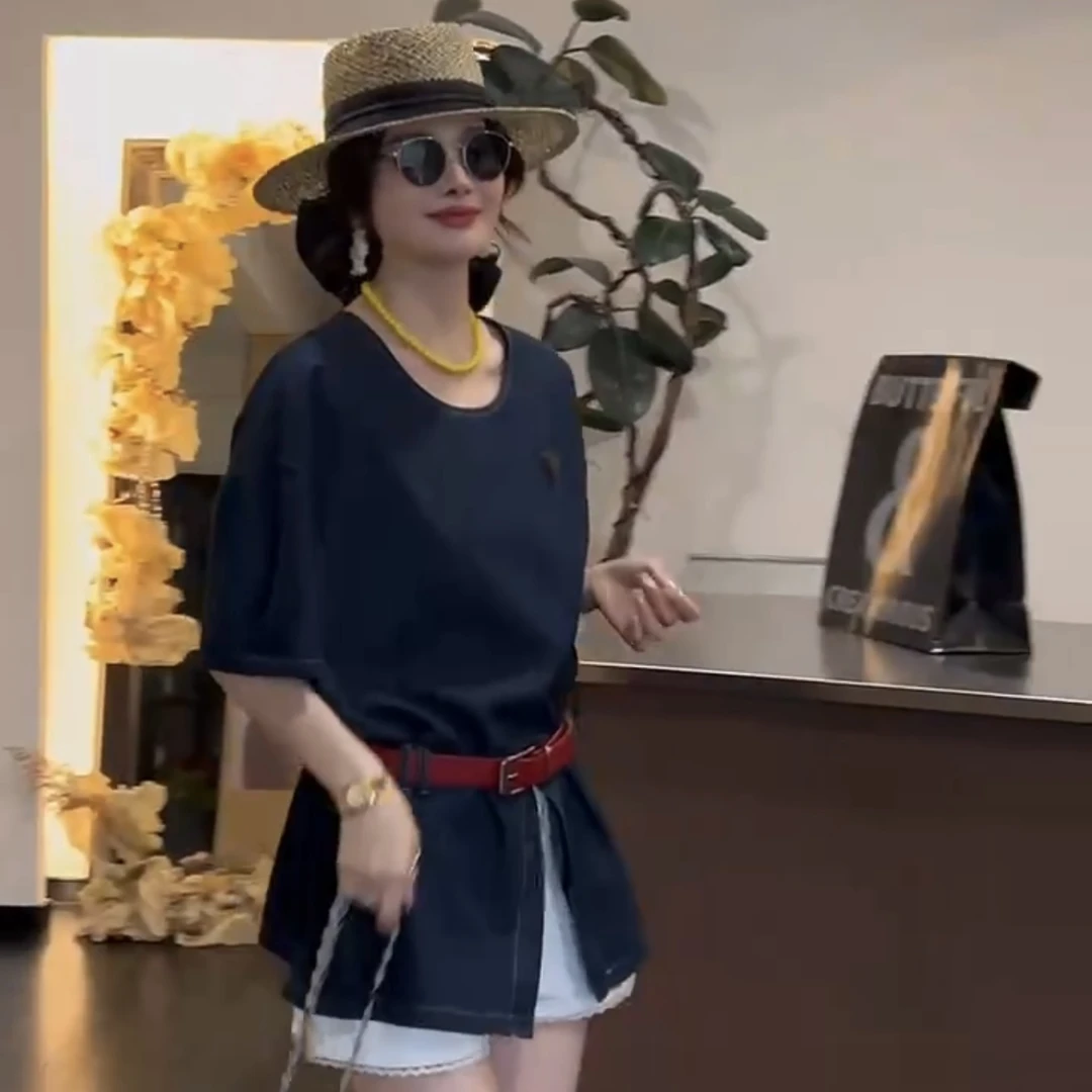 D6061夏季短袖牛仔T恤宽松显瘦时尚开叉上衣