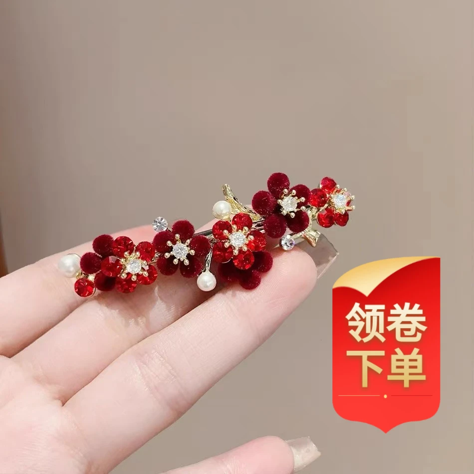 红色花朵顶夹发卡气质玫瑰半扎发一字夹马尾弹簧夹侧边发卡女YY2