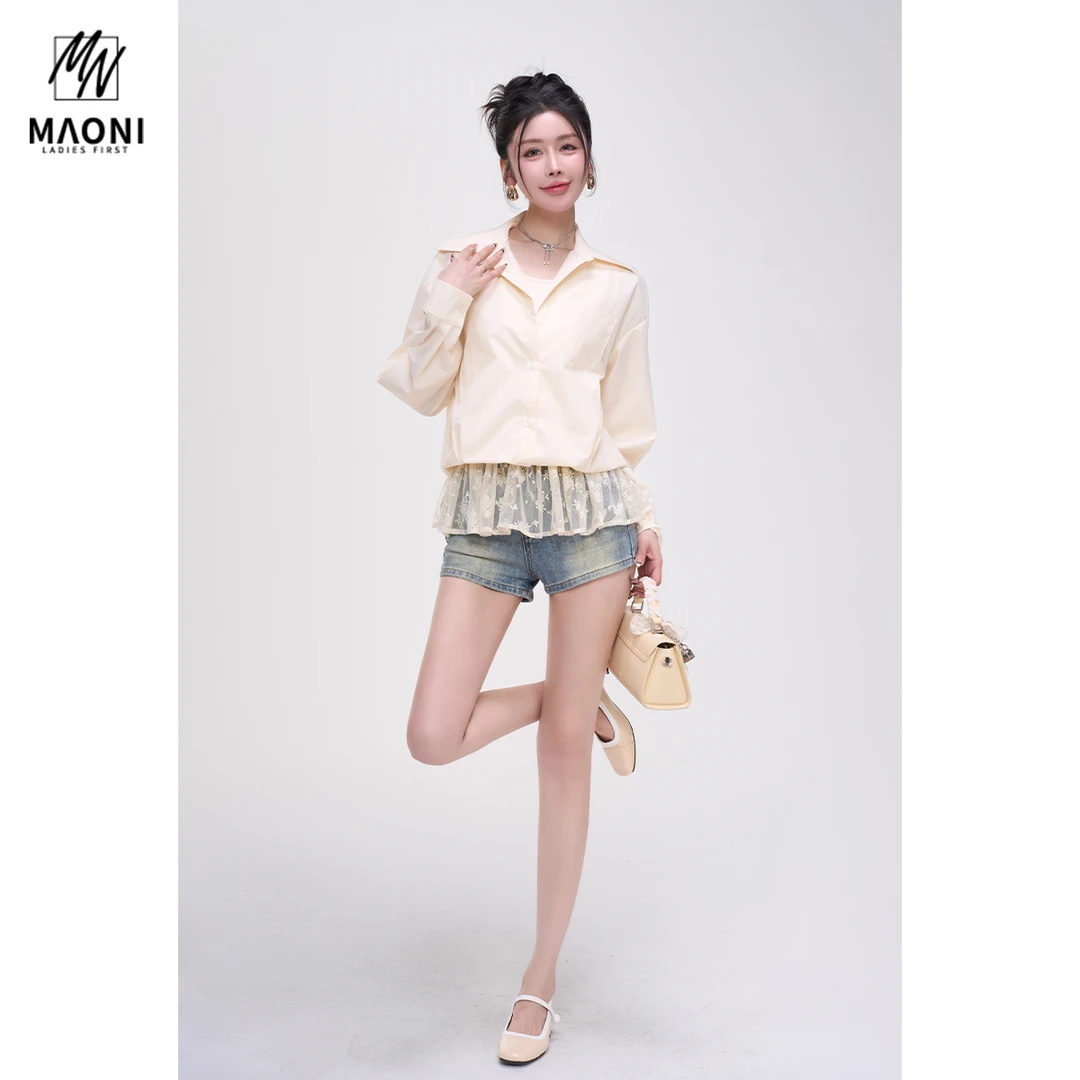 毛妮Peshe【假两件蕾丝边上衣】法式拼接裙摆设计感长袖衬衫L1536