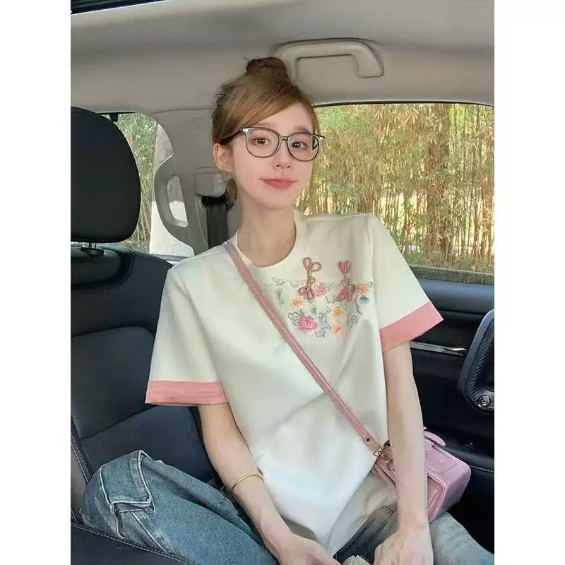 2416#国风盘扣重工刺绣设计感T恤上衣【直播间为准】A3-3