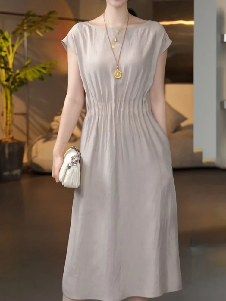 法式时尚典雅纯色圆领连衣裙2025夏季新款洋气减龄显瘦短袖A字裙