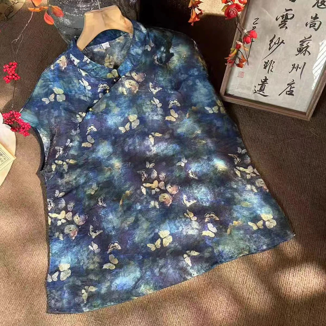 1068花香蝶新中式设计款斜襟小立领飞飞袖