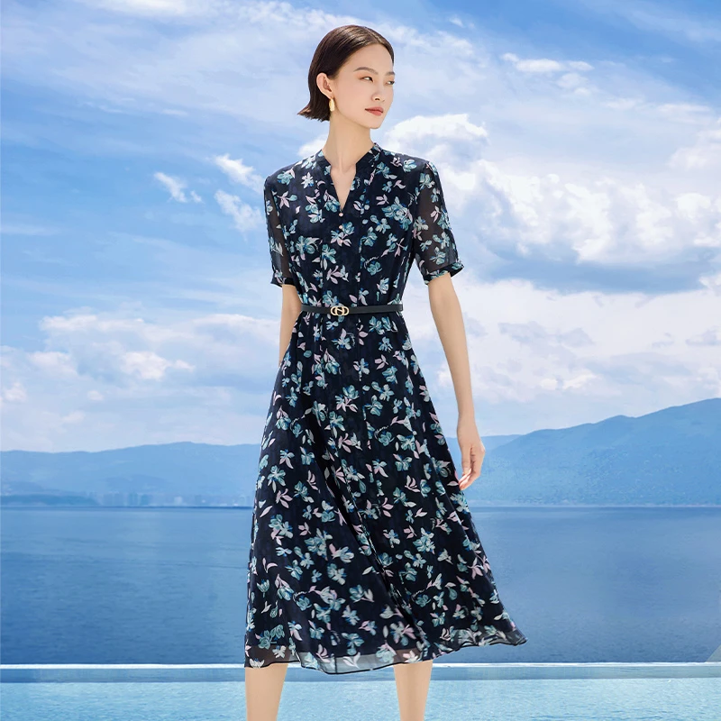 娜尔思连衣裙碎花显瘦女士薄纱时尚收腰NF10230Q7