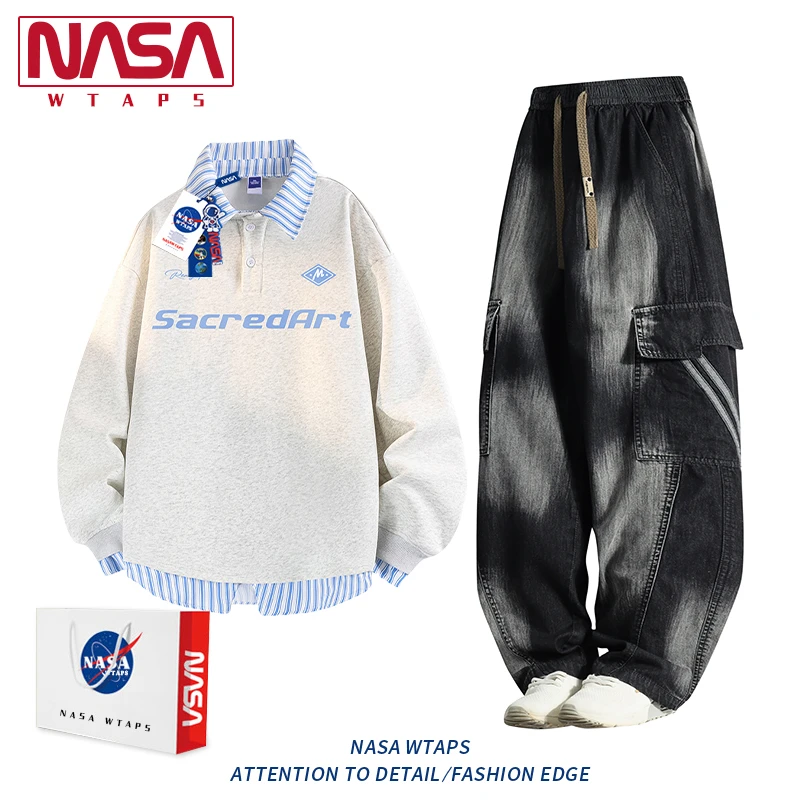 NASA WTAPS休闲运动套装男款秋季新款潮牌卫衣潮搭牛仔裤一整套装