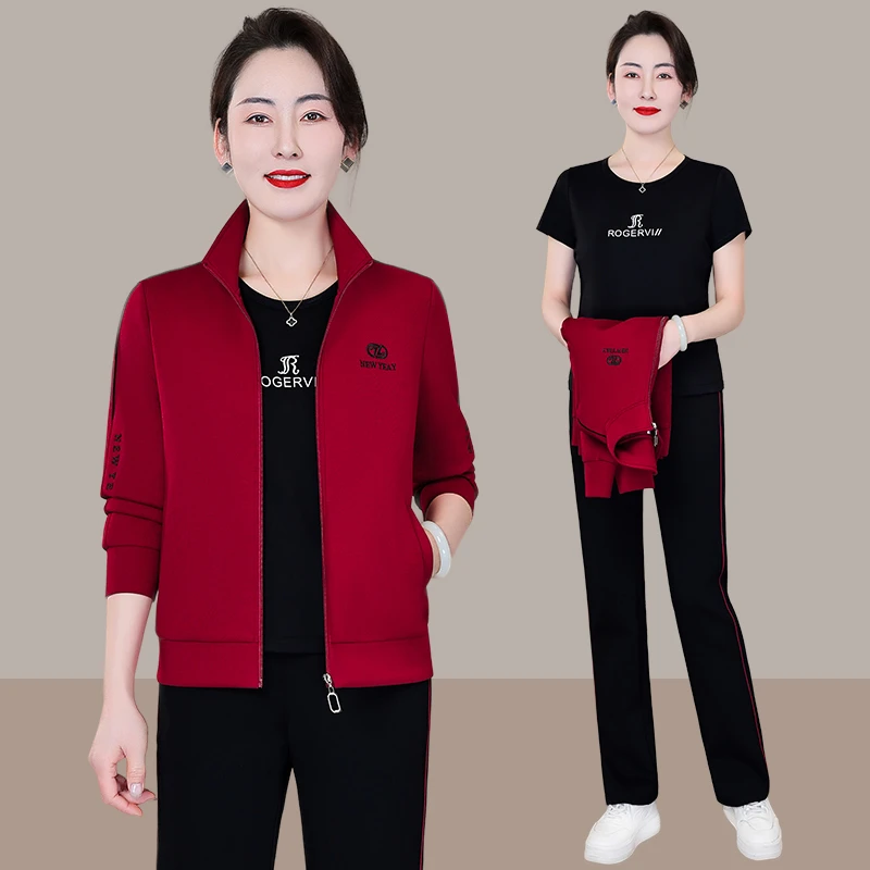 恩狐2025中老年春季新款休闲运动服套装女春秋时尚洋气三件套装