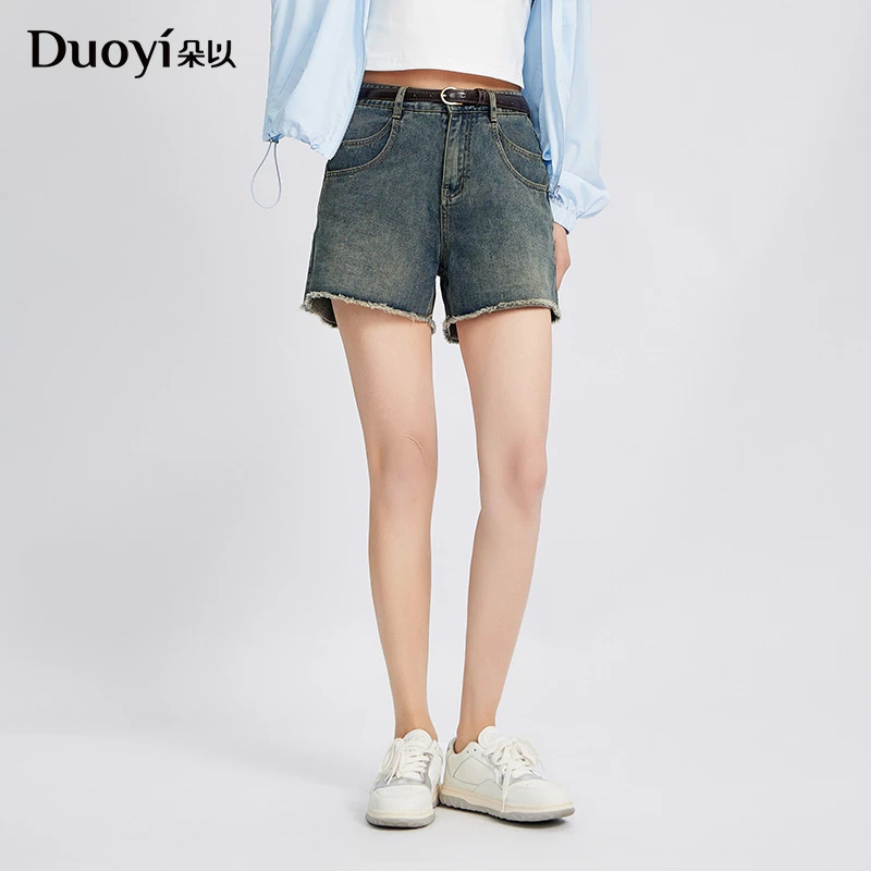 朵以2025夏装新款设计感双层口袋流苏毛边阔腿牛仔短裤39DX237130