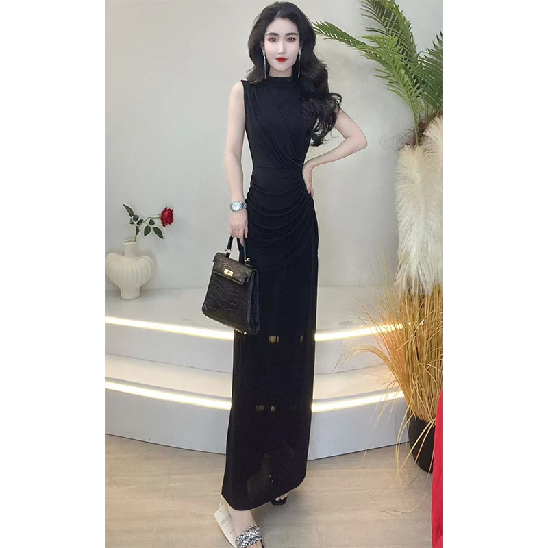 2025夏季新款薄款长裙时尚气质无袖修身显瘦设计感小众连衣裙9955