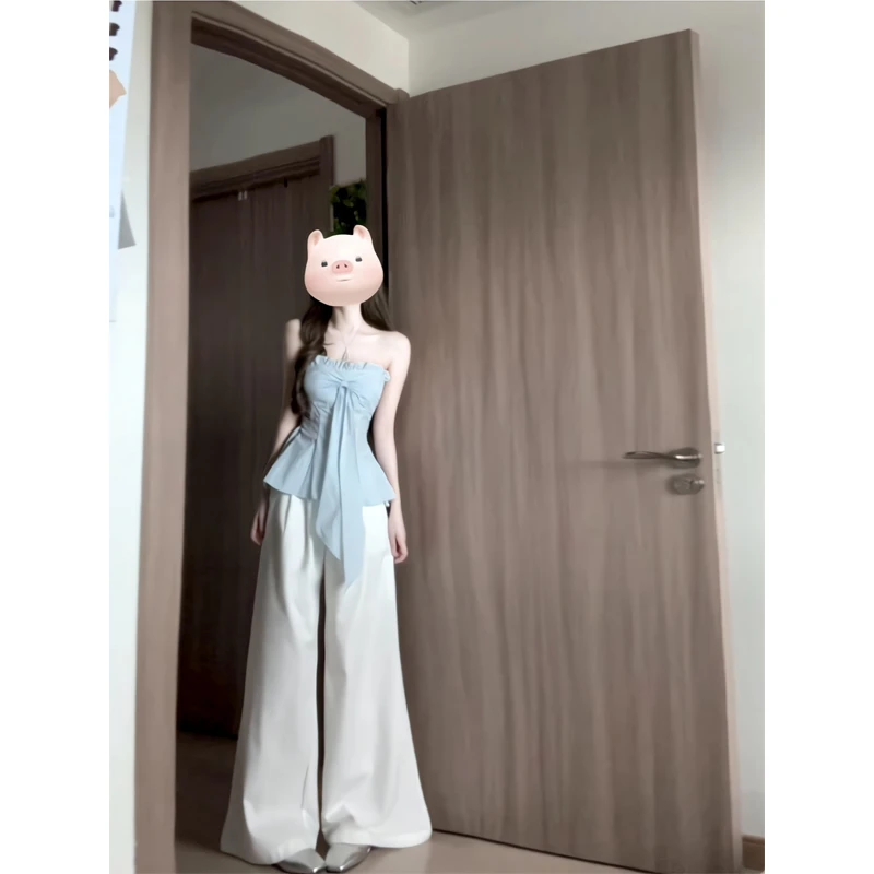 外穿木耳边飘带蓝色抹胸背心无袖上衣牛仔阔腿裤直筒裤女气质百搭