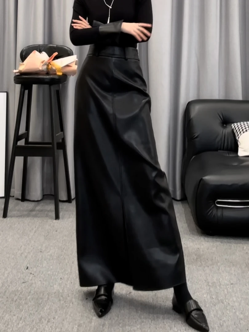 Q1818黑色前开衩气质简约皮裙女春秋新款宽松百搭A字裙高腰半身裙