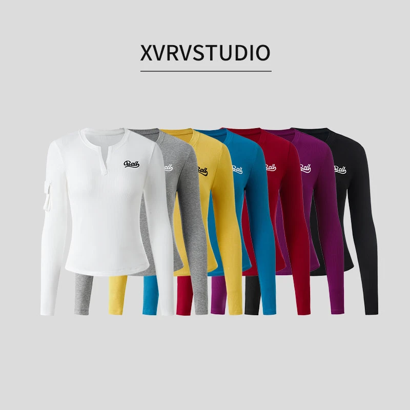 XVRV【秋上新】2025运动绣花小V领长袖女百搭上衣工装口袋简约T恤
