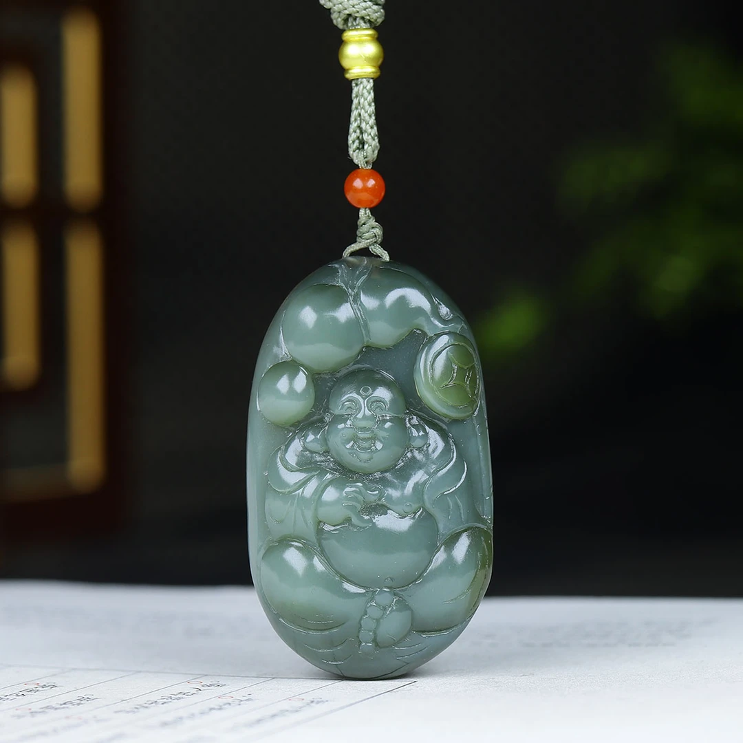 122772和田玉碧玉弥勒佛挂件