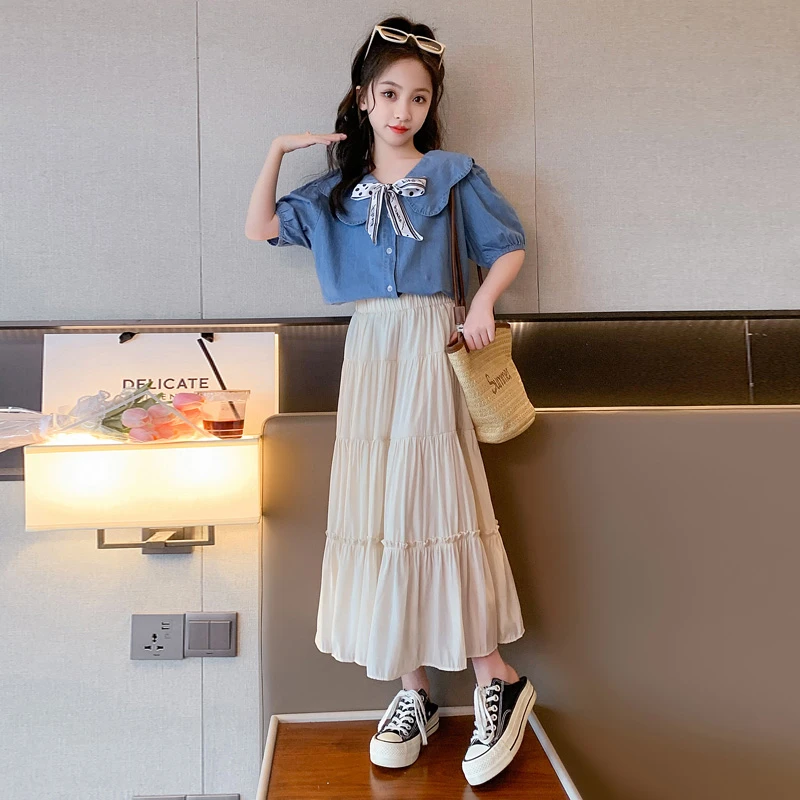 女童连衣裙夏季2025新款大童洋气网红夏装牛仔上衣半身裙两件套潮