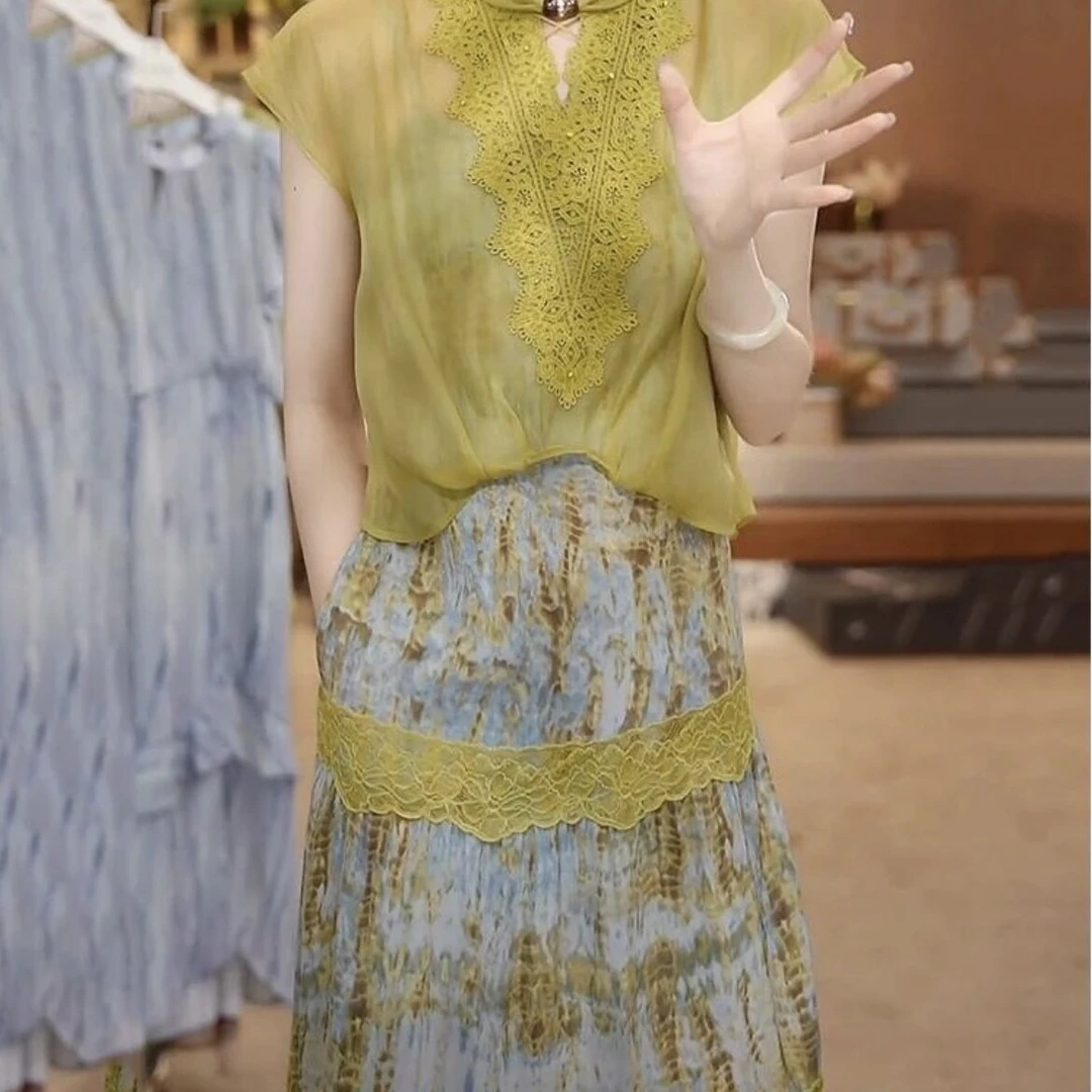 韩系名媛减龄裙套装2025夏季新款设计感薄款短袖罩衫+印花吊带裙