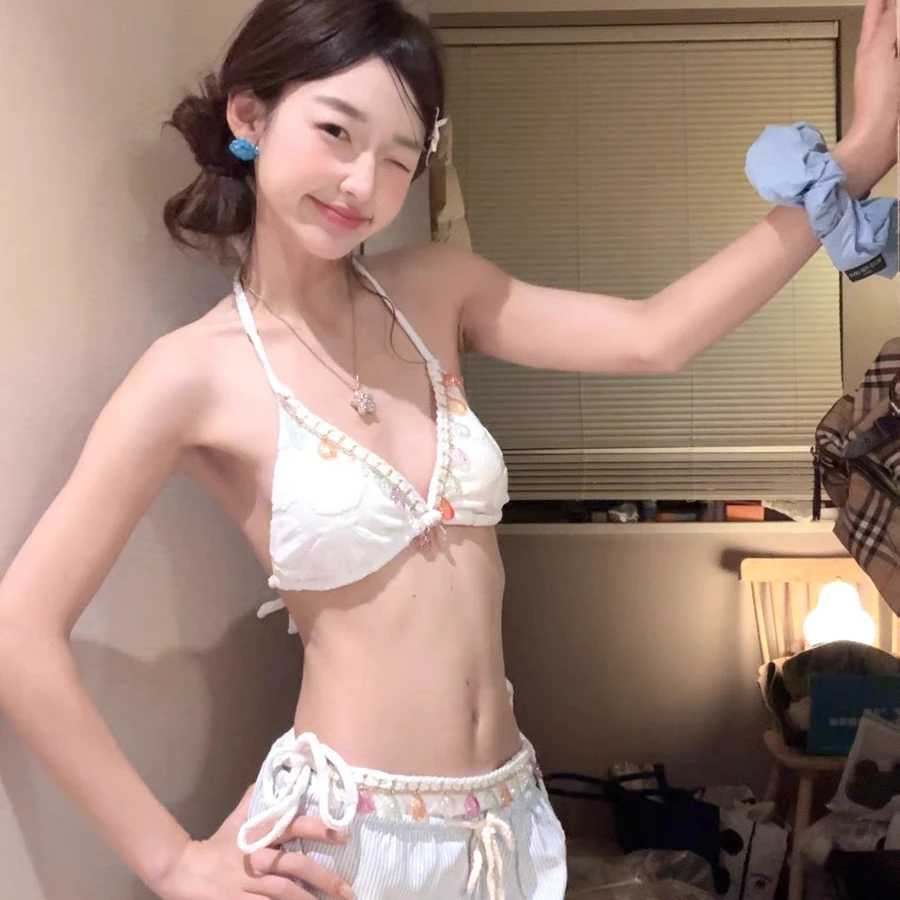 甜妹多巴胺彩色贝壳比基尼三件套纯欲风海边沙滩泡温泉泳装3118