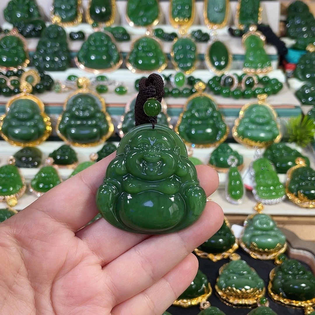 和田玉（碧玉）18K金镶嵌颈饰阳绿佛公48